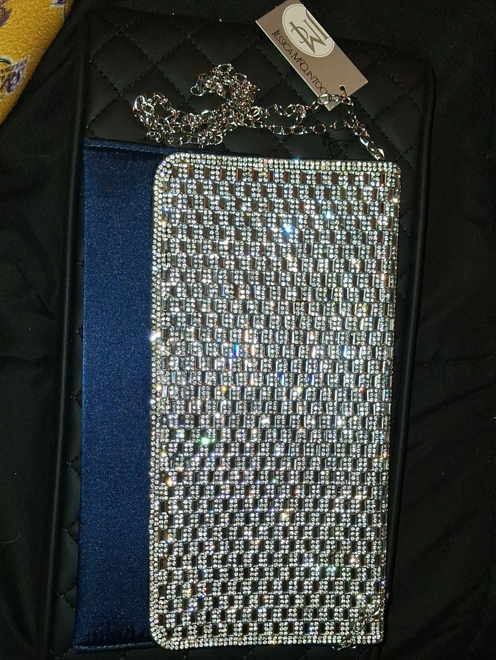 Jessica McClintock Silver Rhinestone Phone Clutch with Chain
